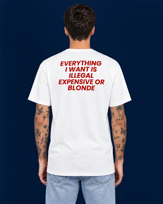 EVERYTHING I WANT IS ILLEGAL, EXPENSIVE OR BLONDE